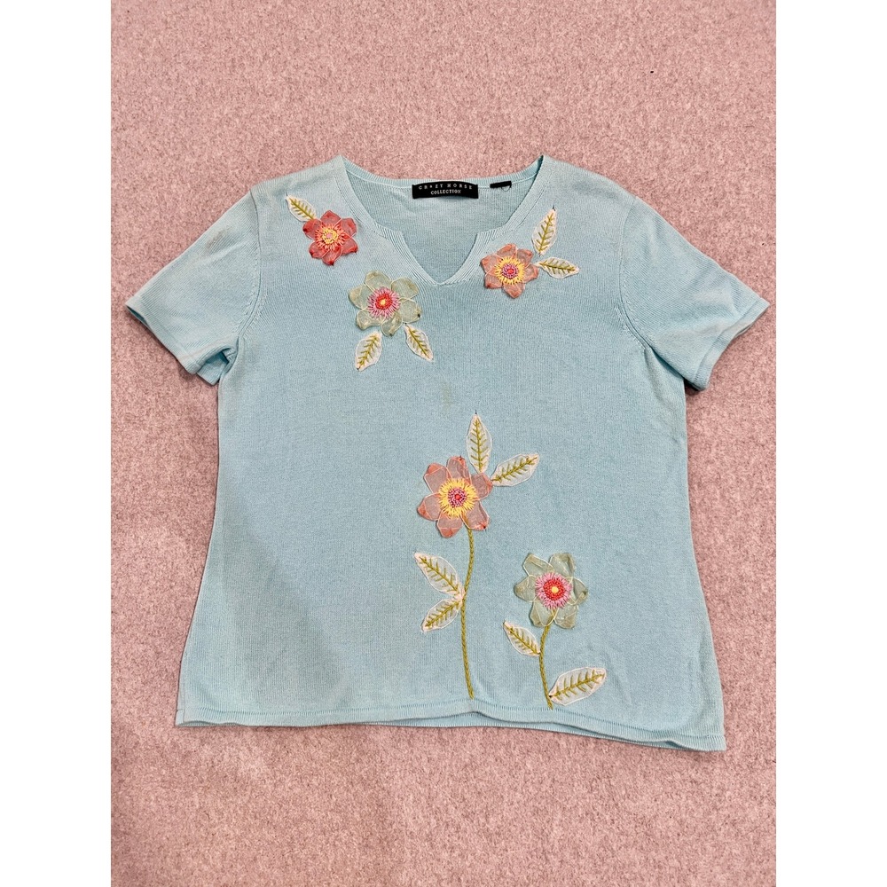 Crazy Horse Tee Womens XL Short Sleeve Split V-Neck Embroidered Floral Knit Blue